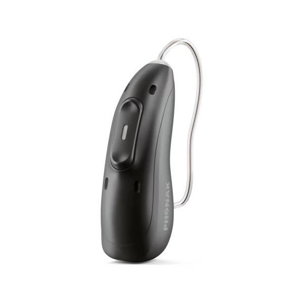 A black behind-the-ear hearing device with a thin silver wire, shown from a side profile on a clean white background. The brand name 'PHSNAK' is printed vertically on the side.