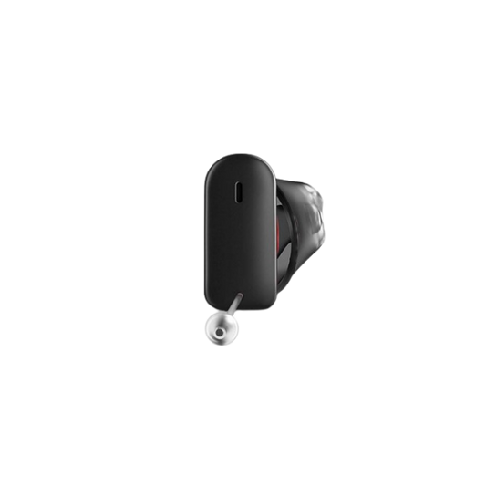 Black hearing aid on a white background
