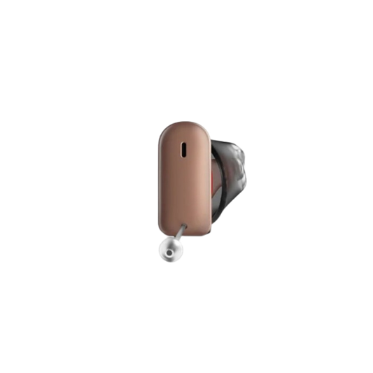 Brown hearing aid on a white background
