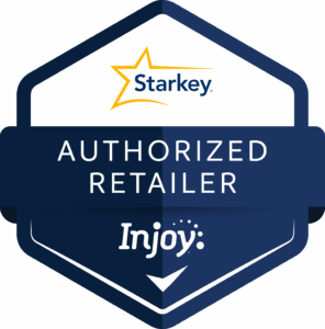 Starkey Authorized Retailer badge with Injoy logo on a blue background