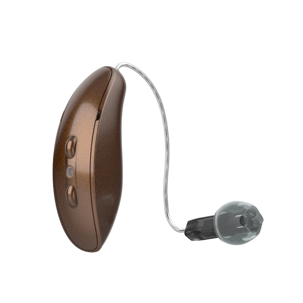 Starkey Omega RIC hearing aids in caramel