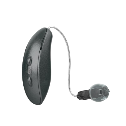 Starkey Omega RIC hearing aids in graphite grey