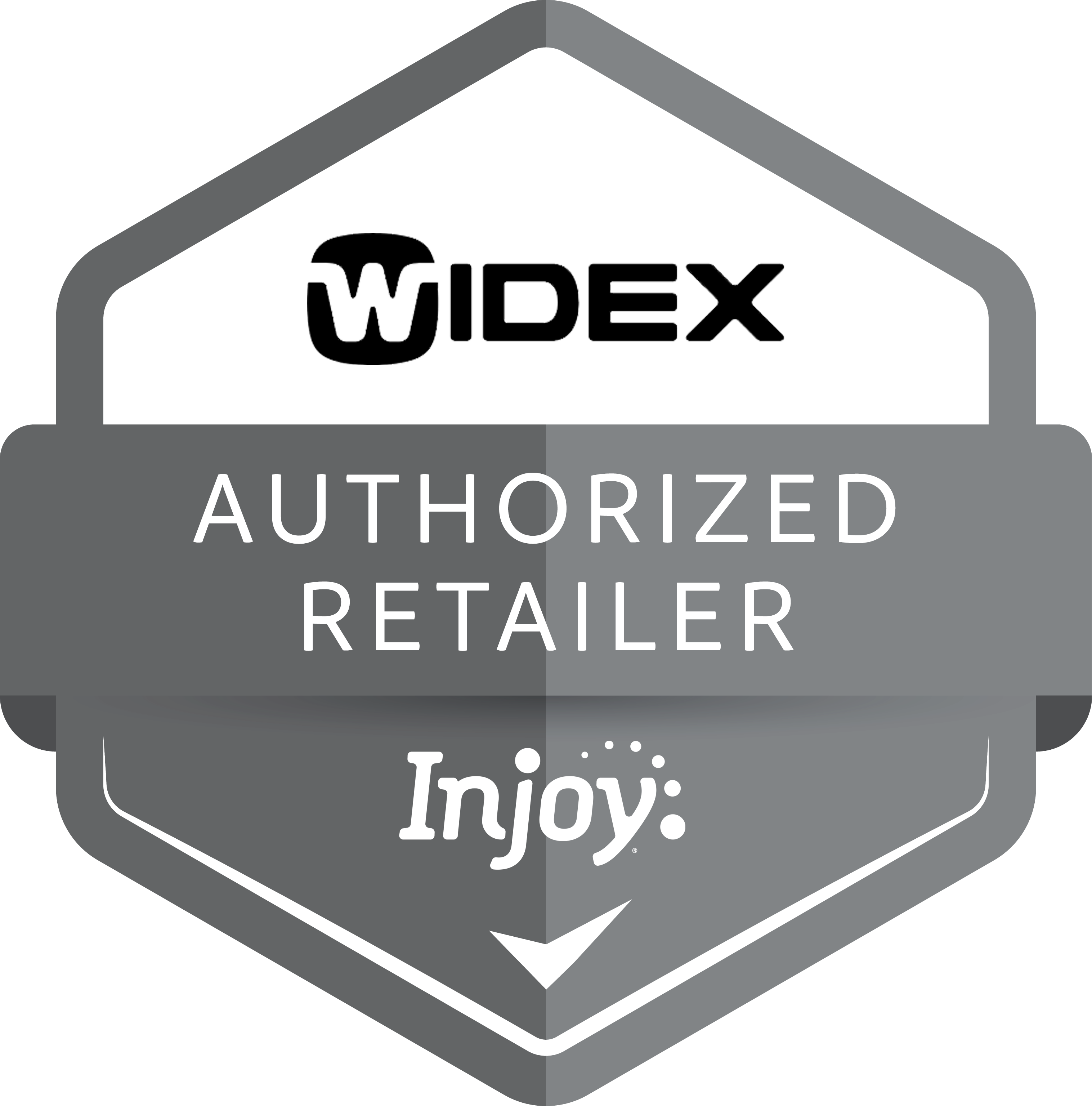 Widex Authorized Retailer badge with Injoy logo on a white background