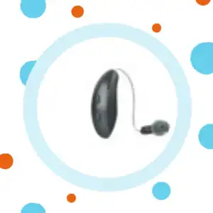 A hearing aid rests on a white background. 