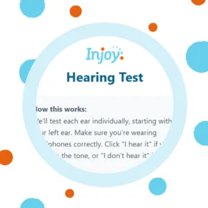 The Injoy logo and the words "hearing test" sit on a white background. 