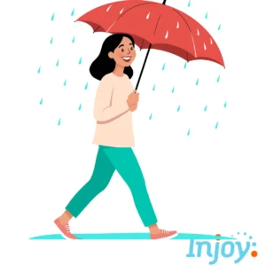 A woman walks in the rain and smiles from under her umbrella. 