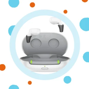 A pair of Signia Active Pro IX hearing aids float above their charging case. 