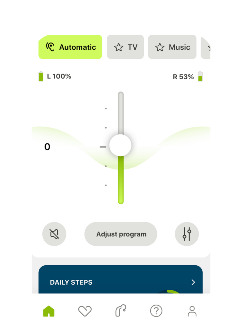 The myPhonak smartphone app screenshot shows volume controls and a step counter.