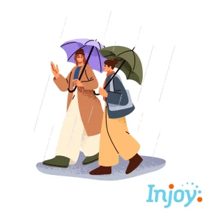 Two friends walk in the rain. 