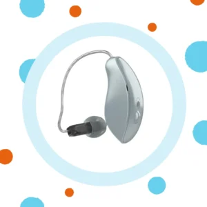 A silver Starkey Omega AI stands on a white background. 