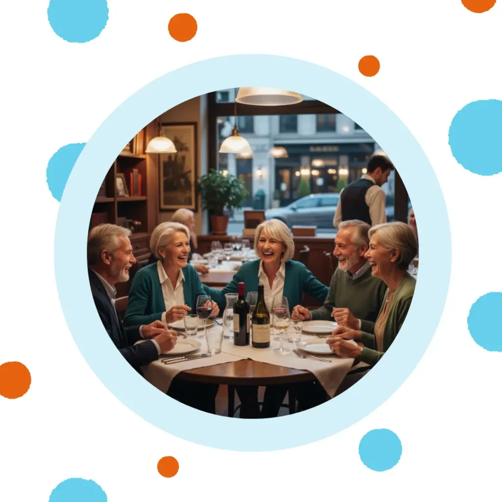 Older friends eat at a restaurant.