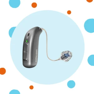 A silver Oticon Real RIC hearing aid stands on a blue background. 