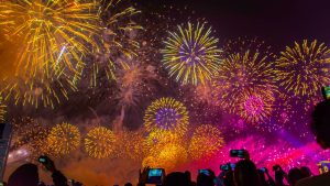 Colorful fireworks light up the sky. 