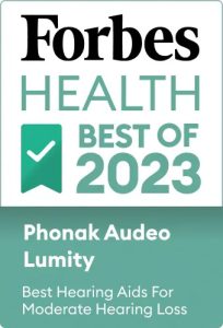 A badge showing that Forbes Health thinks the Phonak Audeo Lumity is the best hearing aid for moderate hearing loss. 