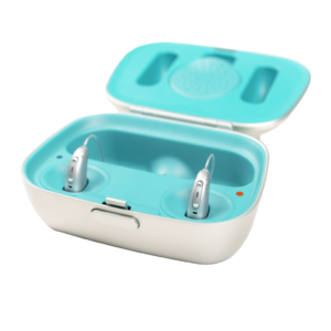 Phonak hearing aids in their silver recharging case.