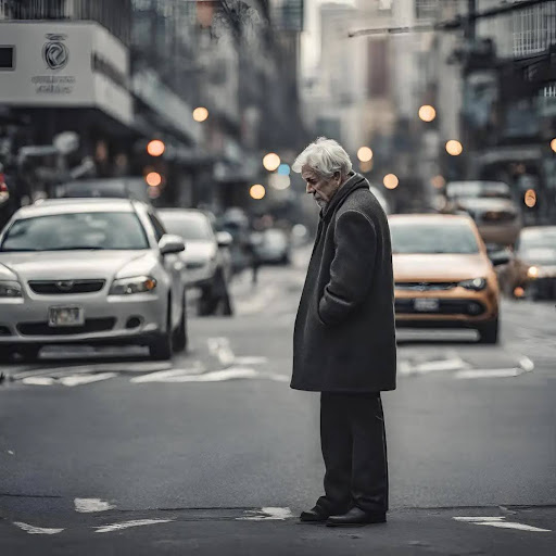 A sad man walks across a busy intersection.