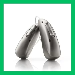 A pair of silver Phonak Audeo R Infinio hearing aids sits on a white background. 