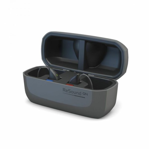 A black ReSound case for wirelessly recharging the Omnia Hearing Aids.