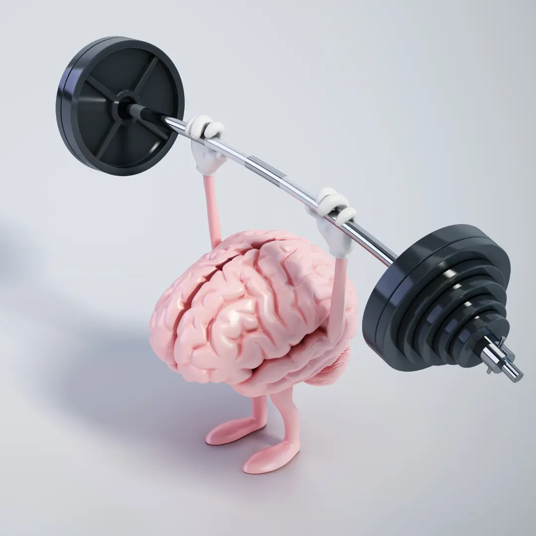 A figure with a brain instead of a head lifts a heavy barbell.