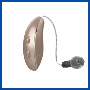 A Starkey Edge AI 24 hearing aid sits on a white background. 