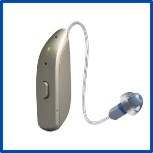 A ReSound Omnia 9 hearing aid sits on a white background. 