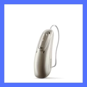 A silver Phonak Audeo Lumity Life hearing aid. 