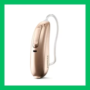 A rose gold Phonak Audeo Lumity hearing aid. 