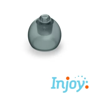 A gray hearing aid dome sits on a white background. 