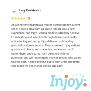 A 5 star Google Review details the ease of buying from Injoy Hearing. 