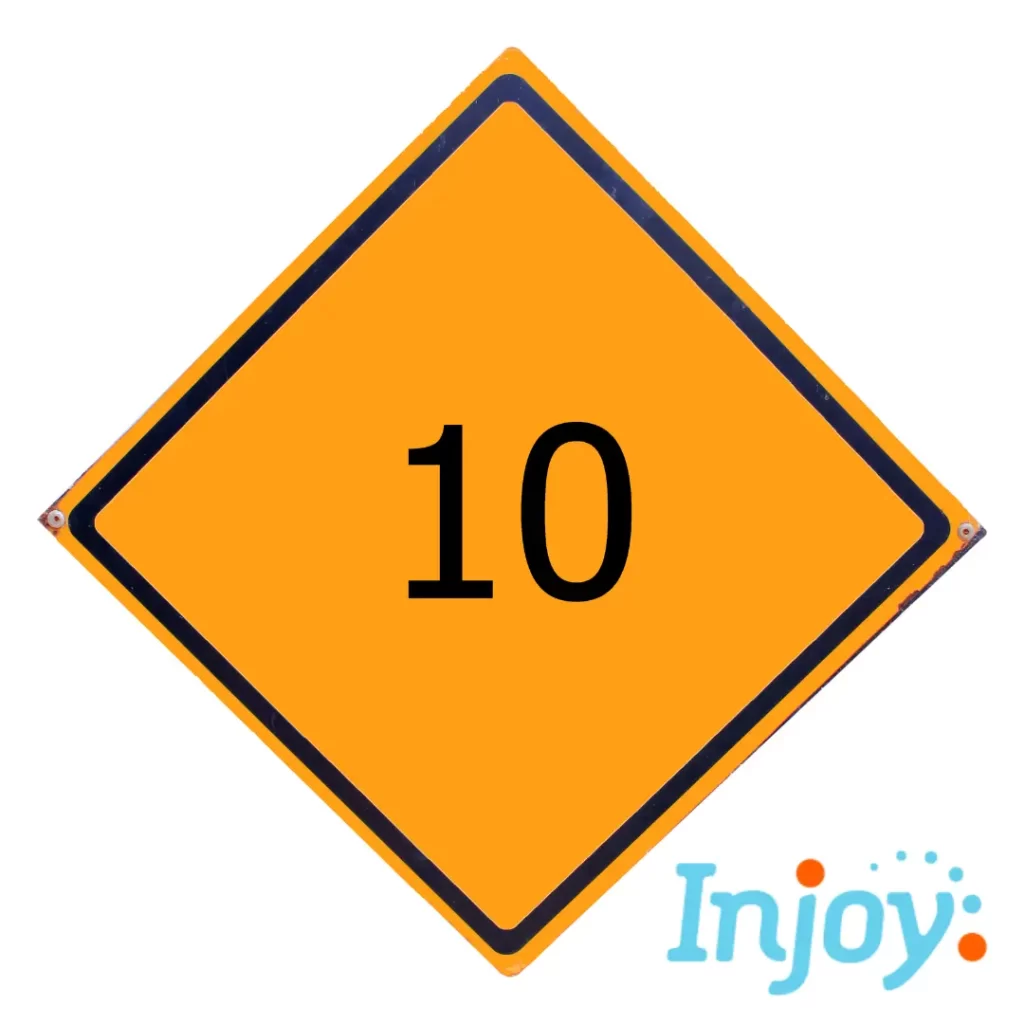 A yellow road sign has the number "10" on it.