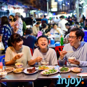 A family sits at a busy restaurant. 