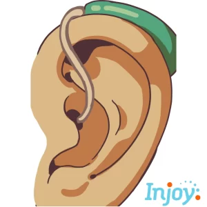 A cartoon ear has a behind-the-ear hearing aid on. 