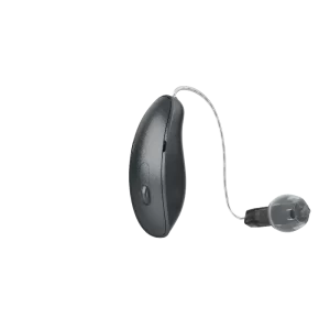 A black Starkey Genesis AI hearing aids sits on a white background.
