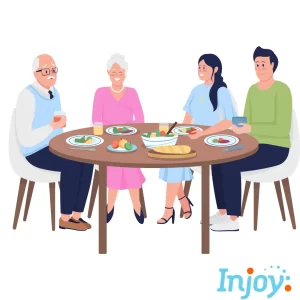 Cartoon grandparents eat dinner with their family. 