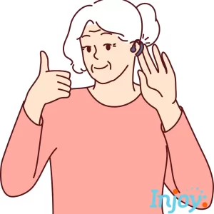 A cartoon woman smiles and gives a thumbs up while touching her hearing aid. 