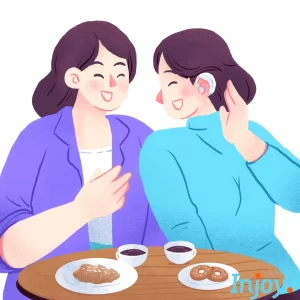 Two cartoon women chat over coffee. 