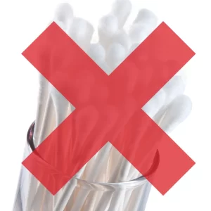 A red x covers a jar of cotton swabs.