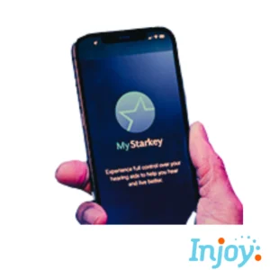 A phone shows the "My Starkey" app. 