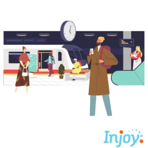 A person stands in a busy train station. 
