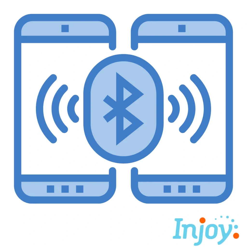 Two cell phones have a Bluetooth symbol between them.