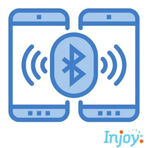 Two cell phones have a Bluetooth symbol between them.