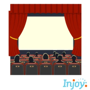 A theater stage has open curtains and a full audience. 