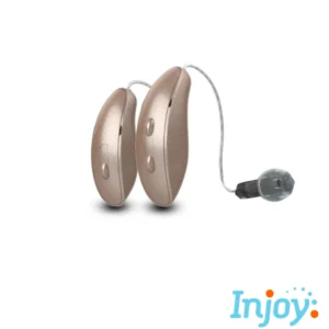 Starkey Edge AI hearing aids sit on a white background.