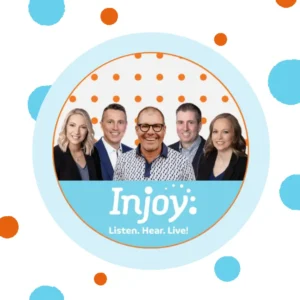The Injoy Hearing team smiles above the logo. 