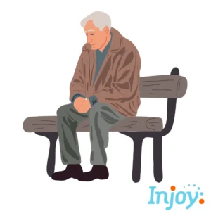 A sad cartoon man sits alone on a park bench. 