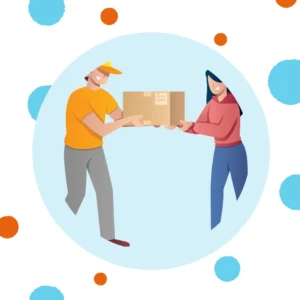 A woman gets a box from a delivery person. 