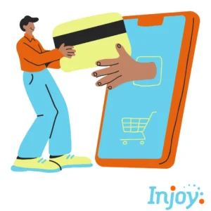 A cartoon man holds a giant credit card up to a giant phone.