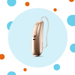 A Phonak Sphere Infinio hearing aid stands on a blue background. 