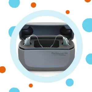 ReSound hearing aids sit in their case. 