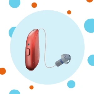 A red hearing aid stands on a blue background. 